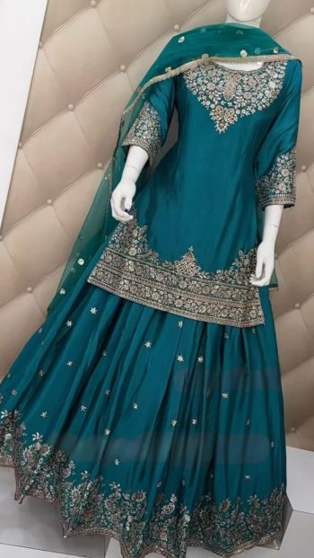 GORGEOUS CHINON SILK EMBROIDERY AND SEQUENCE WORK TOP LEHENGA WITH DUPATTA  RAMA