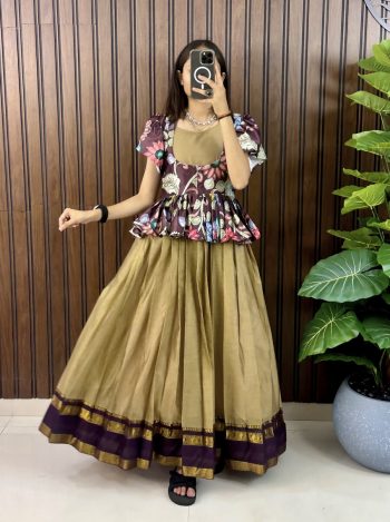 GORGEOUS COTTON SILK DIGITAL PRINT AND HEAVY ZARI BORDER GOWN WITH JACKET KHAKI