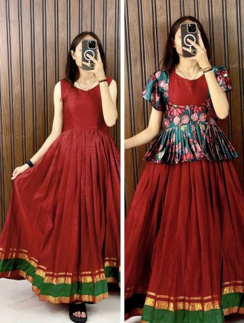 GORGEOUS COTTON SILK DIGITAL PRINT AND HEAVY ZARI BORDER GOWN WITH JACKET MAROON