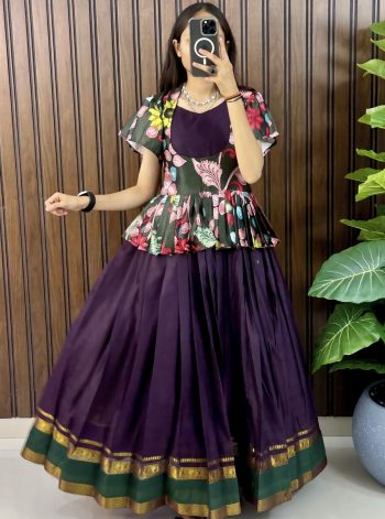 GORGEOUS COTTON SILK DIGITAL PRINT AND HEAVY ZARI BORDER GOWN WITH JACKET PURPLE