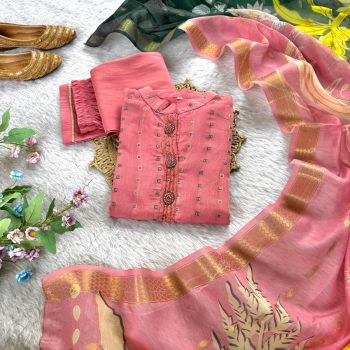 GORGEOUS JACQUARD COTTON HANDWORK  KURTI PENT WITH DUPATTA BABY PINK