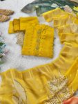 LATEST CHANDERI HAND WORK AND THREAD WORK TOP BOTTOM WITH DUPATTA YELLOW