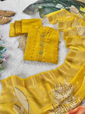 LATEST CHANDERI HAND WORK AND THREAD WORK TOP BOTTOM WITH DUPATTA YELLOW