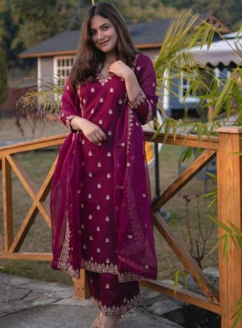 LATEST CHANDERI SILK EMBROIDERY WORK TOP BOTTOM WITH DUPATTA MAROON