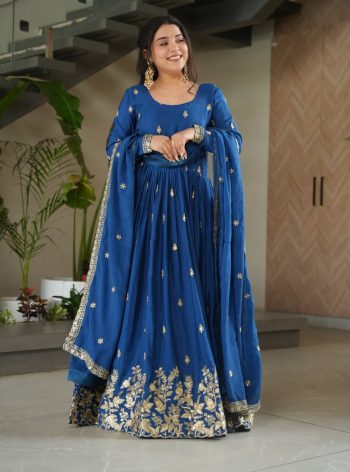 LATEST CHINON EMBROIDERY ZARI SEQUENCE WORK GOWN WITH DUPATTA BLUE