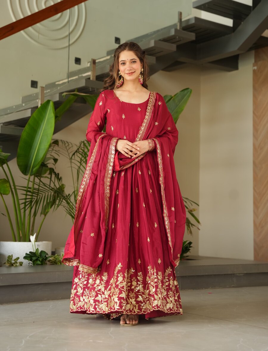 LATEST CHINON EMBROIDERY ZARI SEQUENCE WORK GOWN WITH DUPATTA WEDDING WEAR WHOLESALE PRICE ETHNIC GARMENT (4)