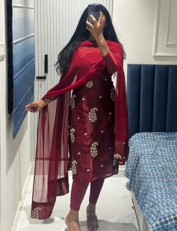 LATEST CHINON GEORGETTE EMBRODERY BUTTA WORK TOP DUPATTA MAROON