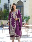 LATEST CHINON SILK EMBROIDERY CODING SEQUENCE WITH REAL MIRROR WORK TOP BOTTOM WITH DUPATTA PURPLE