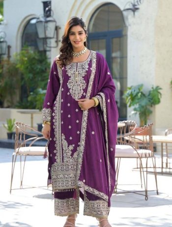 LATEST CHINON SILK EMBROIDERY CODING SEQUENCE WITH REAL MIRROR WORK TOP BOTTOM WITH DUPATTA PURPLE
