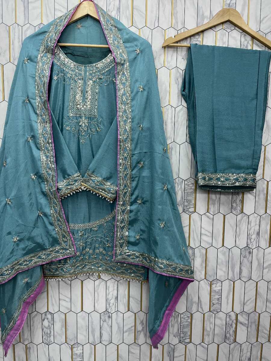 LATEST CHINON SILK EMBROIDERY SEQUENCE WORK TOP BOTTOM WITH DUPATTA PARTY WEAR WHOLESALE PRICE ETHNIC GARMENT (1)