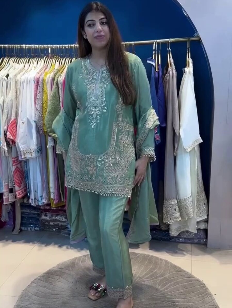 LATEST CHINON SILK EMBROIDERY SEQUENCE WORK TOP BOTTOM WITH DUPATTA PARTY WEAR WHOLESALE PRICE ETHNIC GARMENT (2)