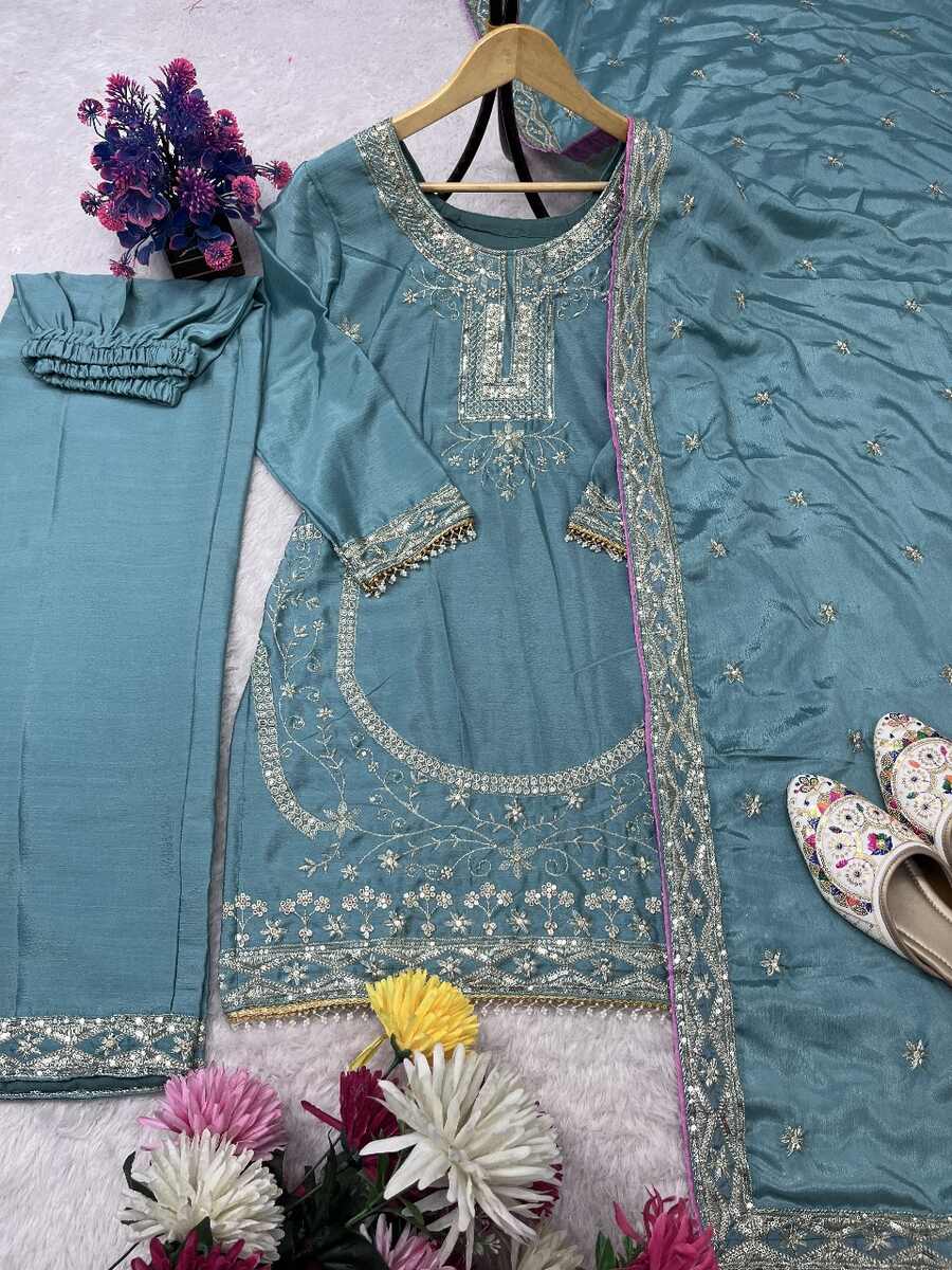 LATEST CHINON SILK EMBROIDERY SEQUENCE WORK TOP BOTTOM WITH DUPATTA PARTY WEAR WHOLESALE PRICE ETHNIC GARMENT (4)