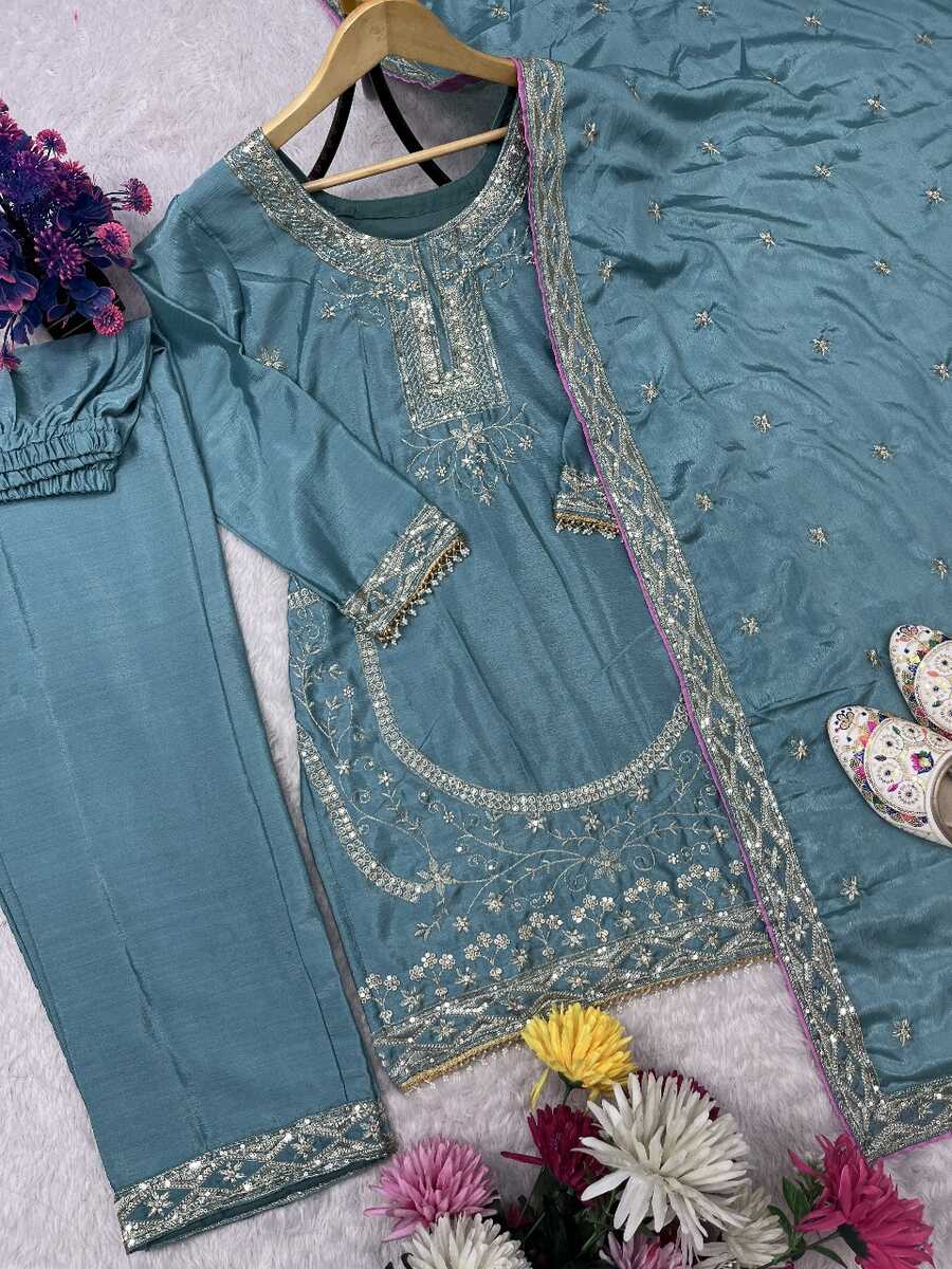 LATEST CHINON SILK EMBROIDERY SEQUENCE WORK TOP BOTTOM WITH DUPATTA PARTY WEAR WHOLESALE PRICE ETHNIC GARMENT (5)