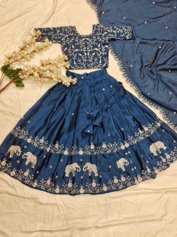 LATEST CHINON  SILK EMBROIDERY WORK  KID'S LEHANGA CHOLI WITH DUPATTA NAVY BLUE