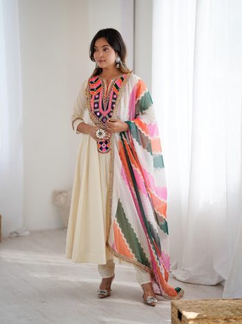 LATEST COTTON EMBROIDERY SEQUENCE WORK WITH REAL MIRROR WORK TOP BOTTOM WITH DUAPTTA WHITE