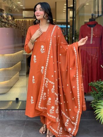 LATEST COTTON SEQUENCE EMBROIDERY WORK TOP BOTTOM WITH DUPATTA ORANGE