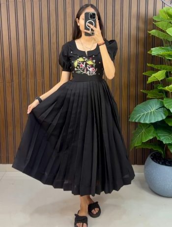 LATEST COTTON SILK HANDWORK ONE PIECE DRESS BLACK