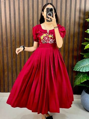 LATEST COTTON SILK HANDWORK ONE PIECE DRESS RED