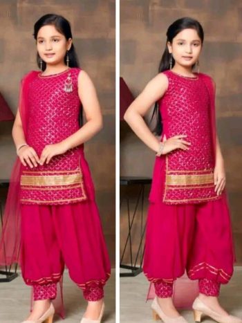 LATEST CREPE SEQUENCE WORK KID'S TOP PATIYALA WITH DUPATTA PINK