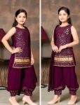 LATEST CREPE SEQUENCE WORK KID'S TOP PATIYALA WITH DUPATTA BROWN