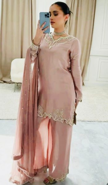 LATEST CREPE SILK HAND WORK TOP PALAZZO WITH DUPATTA BABY PINK