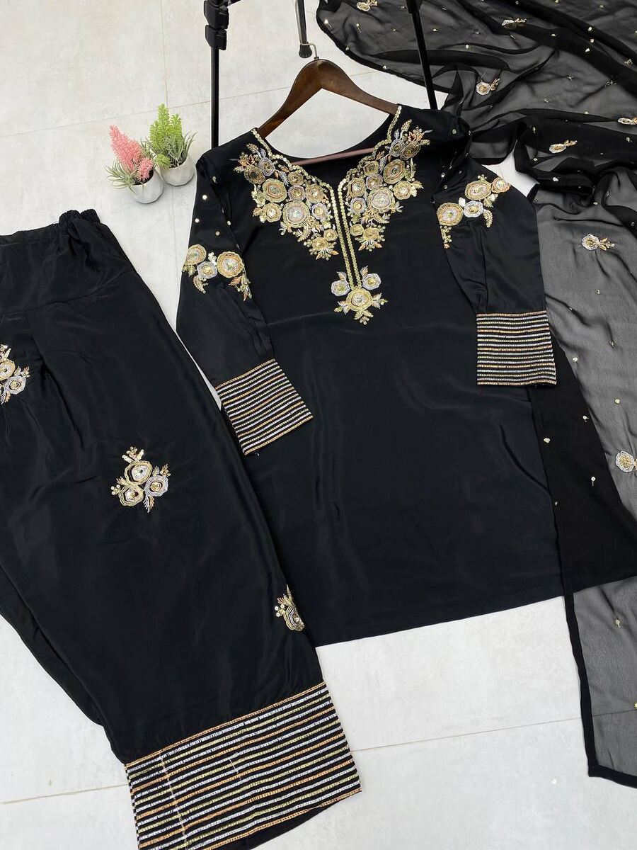 LATEST CREPE SILK SEQUENCE EMBROIDERY WORK TOP PATIYALA WITH DUPATTA PARTY WEAR WHOLESALE PRICE ETHNIC GARMENT (14)