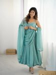 LATEST CRUNCHY SILK SWAROVSKI WORK ANRKALI DRESS SKY