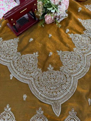 LATEST FENDY CHIFFON THREAD & SEQUENCE EMBROIDERY WORK SAREE WITH UNSTITCHED BLOUSE GOLD