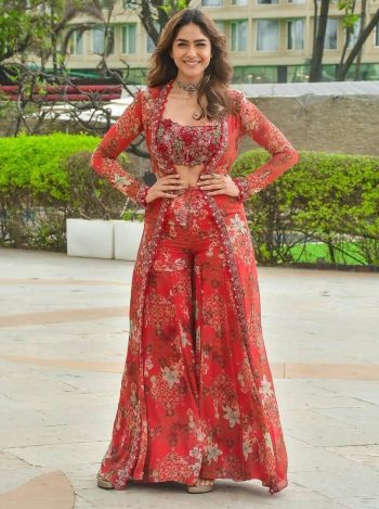 LATEST GEORGETTE DIGITAL PRINT WITH EMBROIDERY SEQUENCE WORK BLOUSE SHARARA WITH SHRUG RED