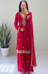 LATEST GEORGETTE EMBROIDERY AND CODING DORI SEQUENCE WORK TOP PALAZZO WITH DUPATTA RED