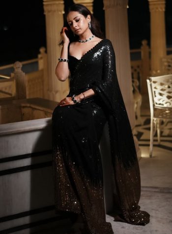 LATEST GEORGETTE EMBROIDERY SEQUANCE WORK WITH LACE WORK SAREE WITH UNSTITCHED BLOUSE BLACK
