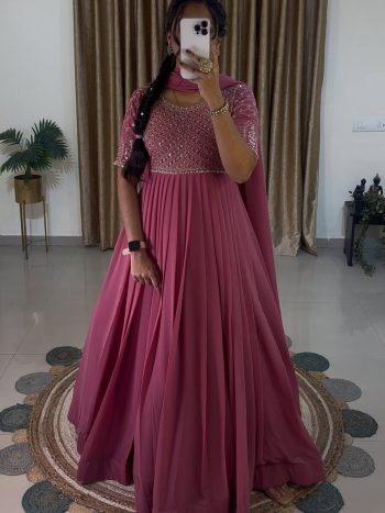 LATEST GEORGETTE EMBROIDERY SEQUENCE WORK GOWN BOTTOM WITH DUPATTA PINK