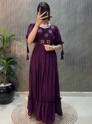 LATEST GEORGETTE HAND WORK ONE PEICE DRESS WINE