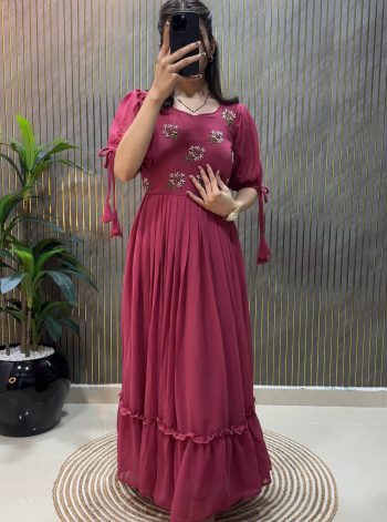 LATEST GEORGETTE HAND WORK ONE PEICE DRESS PINK