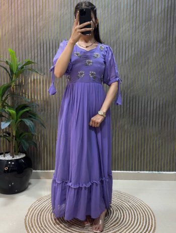 LATEST GEORGETTE HAND WORK ONE PEICE DRESS PURPLE