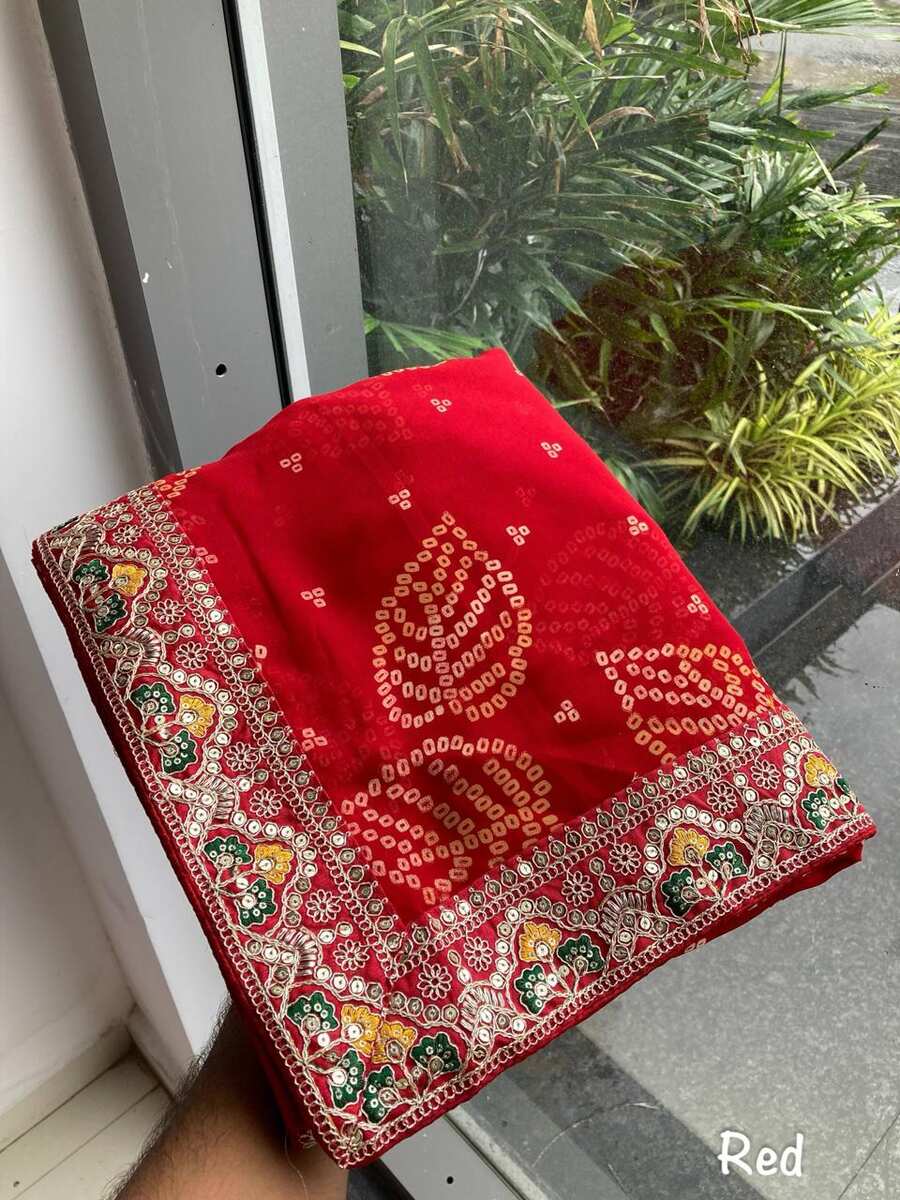 LATEST GEORGETTE RAJWADI BANDHEJ PRINT WITH EMBROIDERY WORK SAREE WITH UNSTITCHED BLOUSE WEDDING WEAR WHOLESALE PRICE ETHNIC GARMENT (12)