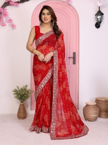 LATEST GEORGETTE RAJWADI BANDHEJ PRINT WITH EMBROIDERY WORK SAREE WITH UNSTITCHED BLOUSE RED