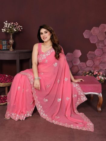 LATEST GEORGETTE SILK EMBROIDERY  WORK  SAREE WITH UNSTITCHED BLOUSE PINK