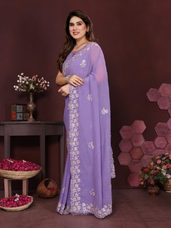 LATEST GEORGETTE SILK EMBROIDERY  WORK  SAREE WITH UNSTITCHED BLOUSE PURPLE