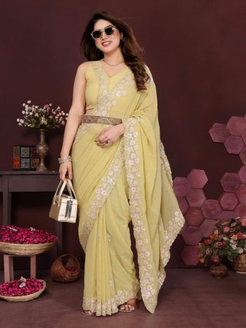 LATEST GEORGETTE SILK EMBROIDERY  WORK  SAREE WITH UNSTITCHED BLOUSE LEMON