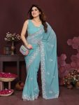 LATEST GEORGETTE SILK EMBROIDERY  WORK  SAREE WITH UNSTITCHED BLOUSE SKY