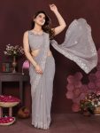 LATEST GEORGETTE SILK EMBROIDERY WORK SAREE WITH UNSTITCHED BLOUSE GREY