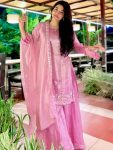 LATEST GOLD CRUSH SILK ZARI SEQUENCE EMBROIDERY WORK  TOP SHARARA WITH DUPATTA PINK