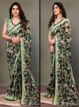 LATEST HEAVY CHIFFON DIGITAL PRINT WITH LACE WORK SAREE WITH UNSTITCHED BLOUSE GREEN