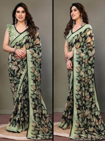 LATEST HEAVY CHIFFON DIGITAL PRINT WITH LACE WORK SAREE WITH UNSTITCHED BLOUSE GREEN