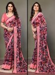 LATEST HEAVY CHIFFON DIGITAL PRINT WITH LACE WORK SAREE WITH UNSTITCHED BLOUSE PINK