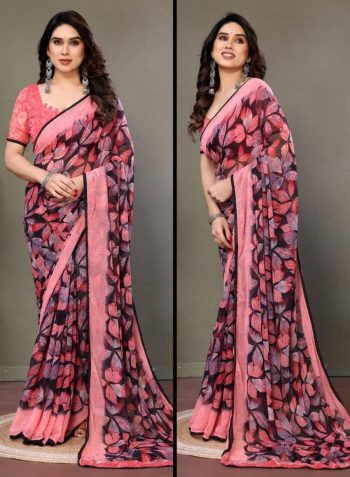 LATEST HEAVY CHIFFON DIGITAL PRINT WITH LACE WORK SAREE WITH UNSTITCHED BLOUSE PINK