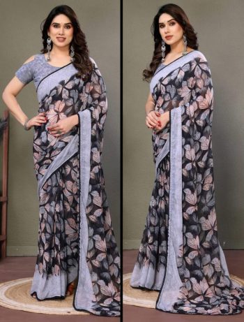 LATEST HEAVY CHIFFON DIGITAL PRINT WITH LACE WORK SAREE WITH UNSTITCHED BLOUSE GREY