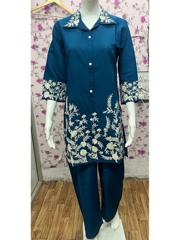 LATEST HEAVY  VATICAN SILK EMBROIDERY WORK TOP BOTTOM SET BLUE