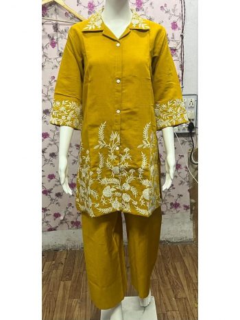 LATEST HEAVY  VATICAN EMBROIDERY WORK TOP BOTTOM SET YELLOW